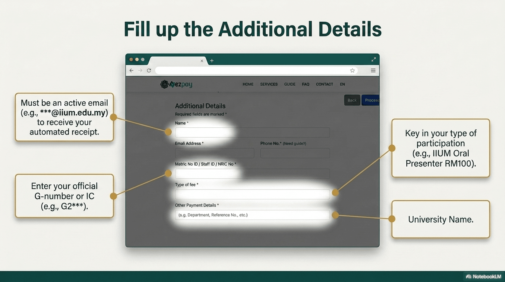 Step 2: Enter email, Matric/Staff/NRIC ID, fee type, and university name